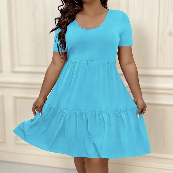 LJEFF Women Puff Sleeve Dress, A-Line Soft Crew Neck Casual Summer Plus-Size Dresses Sky Blue