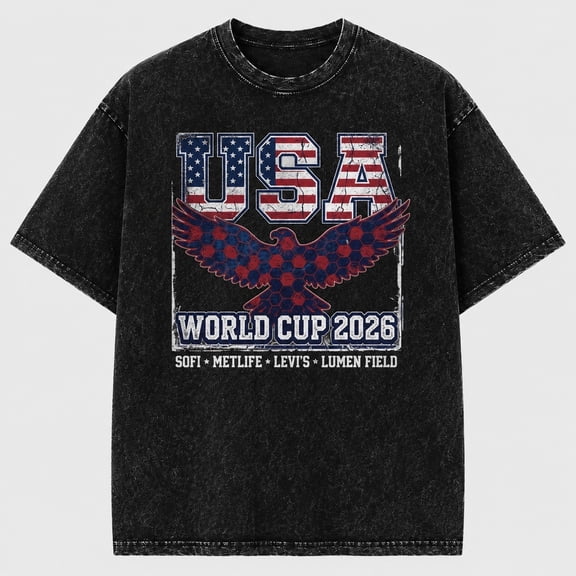 USA Soccer 2026 Graphic Mineral Wash T-Shirt, Unisex Classic Fit Heavyweight Cotton Tee, Black or Beige, S-5XL