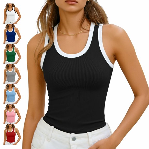 TGSLY Ribbed Racerback Tank Tops for Women Stretchy Soft Contrast Trim Scoop Neck Sleeveless Shirts Dressy Casual Solid Color Summer Basic Vest L