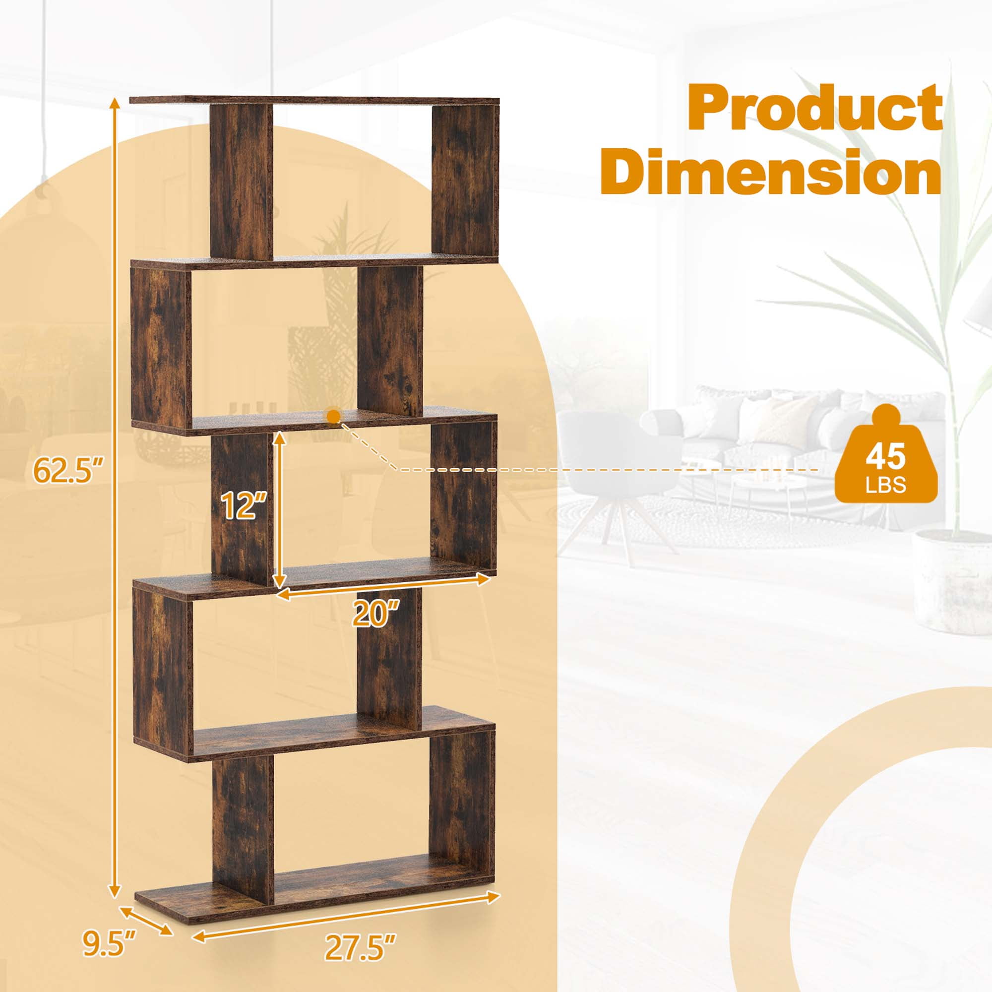 Costway 1 PC 5-Tier Bookshelf Geometric S-Shaped Bookcase Room Divider Storage Display Shelf Brown