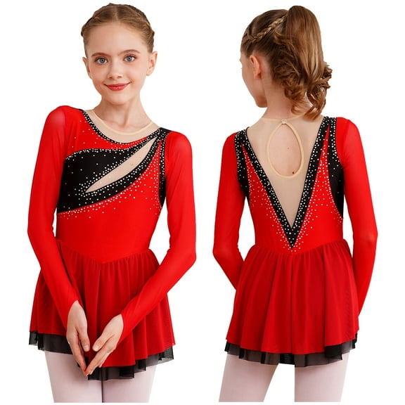 iiniim Girl's Sparkly Rhinestone Long Sleeve Ballet Lyrical Modern Dance Figure Ice Skating Dress Red 6