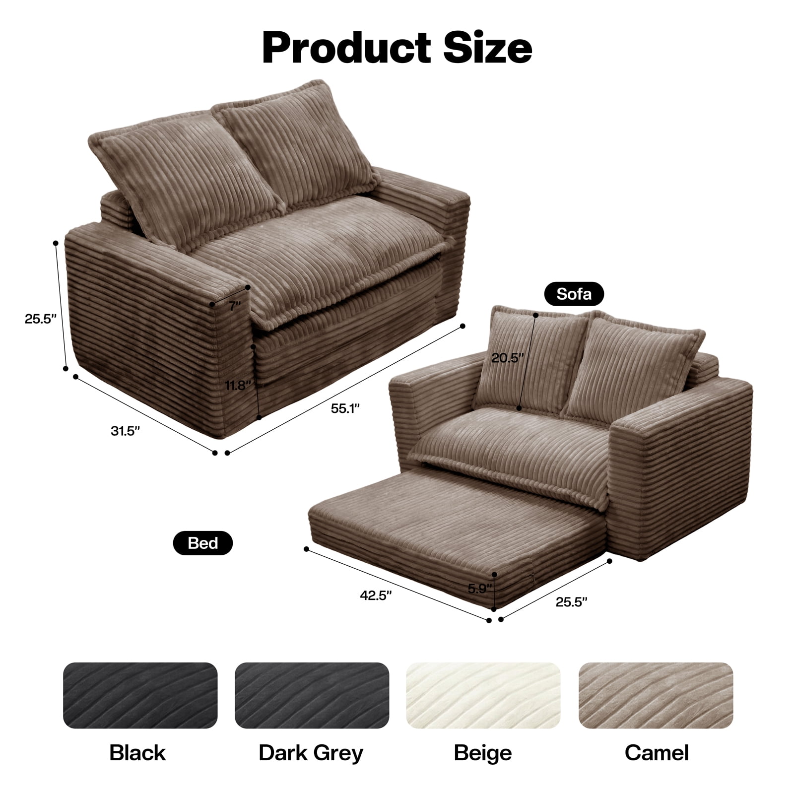 Kelyda Convertible Sofa Bed, 2 in 1 Modern Cloud Boneless Sofa Bed Loveseat Couch Sleeper Chairs for Living Room Light Coffee