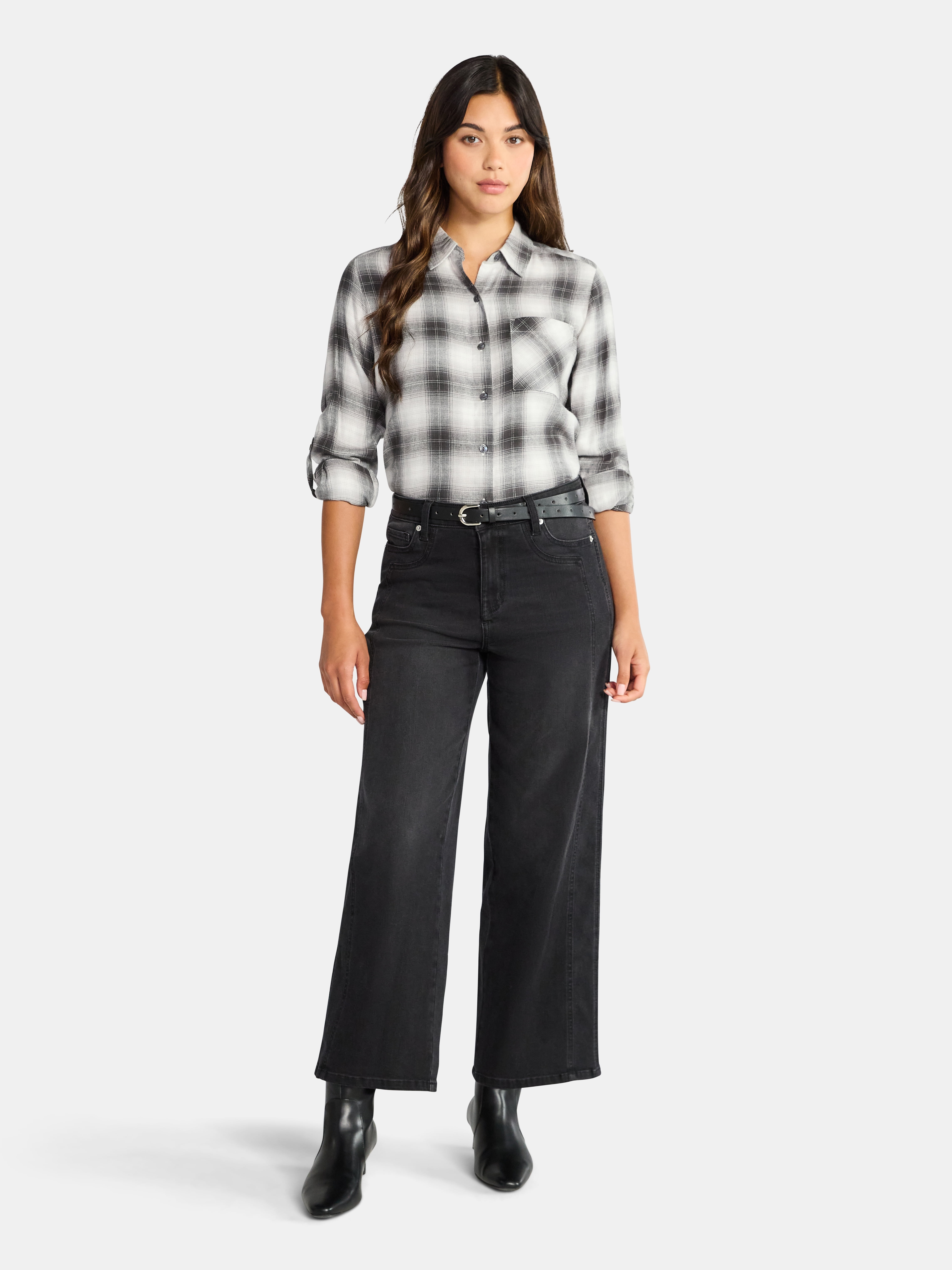 Time and Tru Women's Cropped Flannel Shirt with Long Sleeves, Sizes XS-XXXL