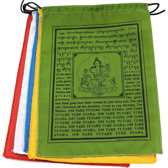 Large Handmade Tibetan Green Tara Prayer flags Tibetan with English Translation (9X12)