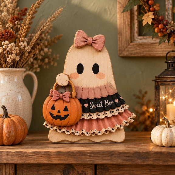 3-Layer Halloween Ghost Wooden Stand, Pink Bow Pumpkin Tabletop Accent for Fall Host Gifts