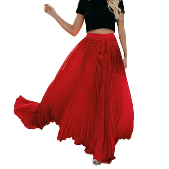 Fgnfyis Womens Fashion High Waist Fold Soild Loose Beach Wrap Maxi Long Skirt Flowy Boho Pleated Skirt Red L
