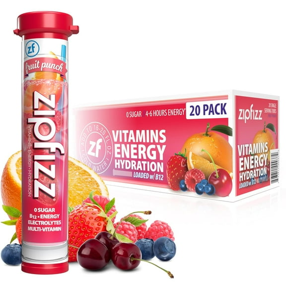 Zipfizz Healthy Energy Drink Mix Hydration with B12 and Multi Vitamins Fruit Punch 20 Tubes Pack of 1