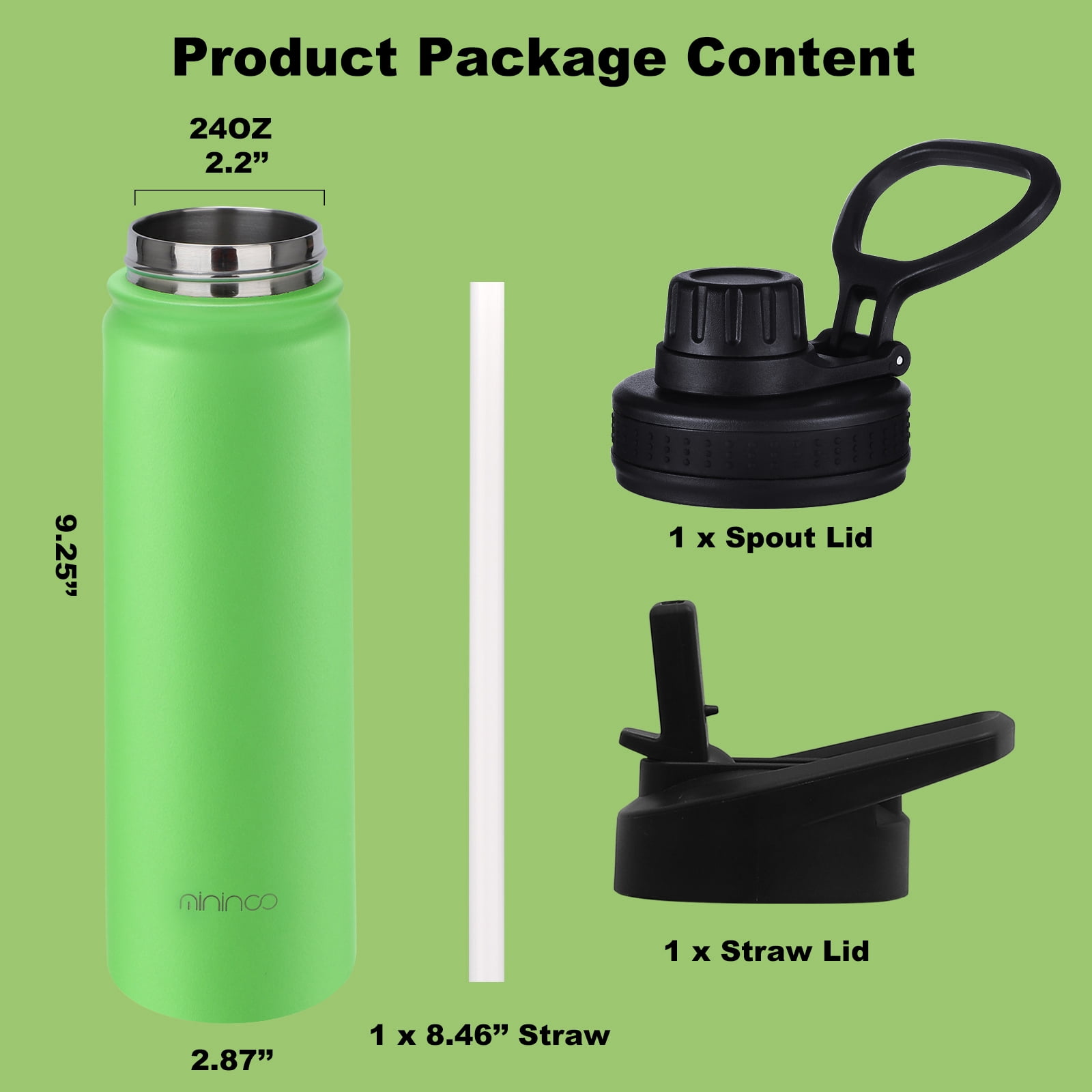 Mininoo 24 oz Insulated Stainless Steel Water Bottle with Straw Lid, Green