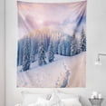 thumbnail image 1 of Mountain Tapestry, Idyllic Winter Morning in Woodland Rising Sun Pine Trees Forest Snowy Foggy, Fabric Wall Hanging Decor for Bedroom Living Room Dorm, 5 Sizes, Pale Pink White, by Ambesonne, 1 of 1