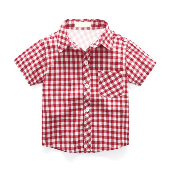 Ulanda Boys Button Down Shirts Toddler Plaid Patchwork Short Sleeve Collared Tops Casual Daily Wear Shirts with Chest Pocket (Red, 6-7 Years)