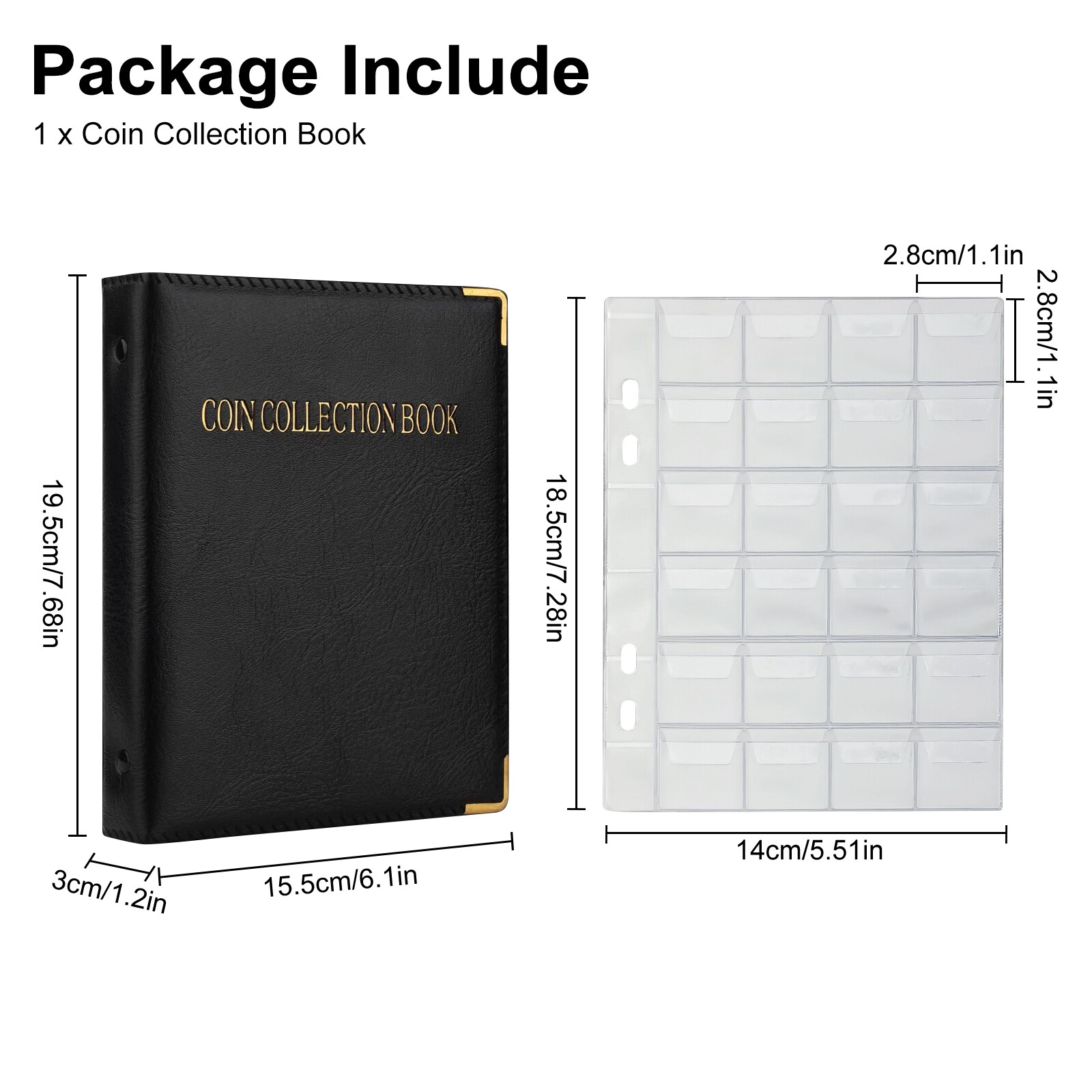 EEEKit 480-Pocket Coin Collection Book – 20 Pages, 28x28mm Coin Holder, Black Leather-Style PVC, Top Flap Design
