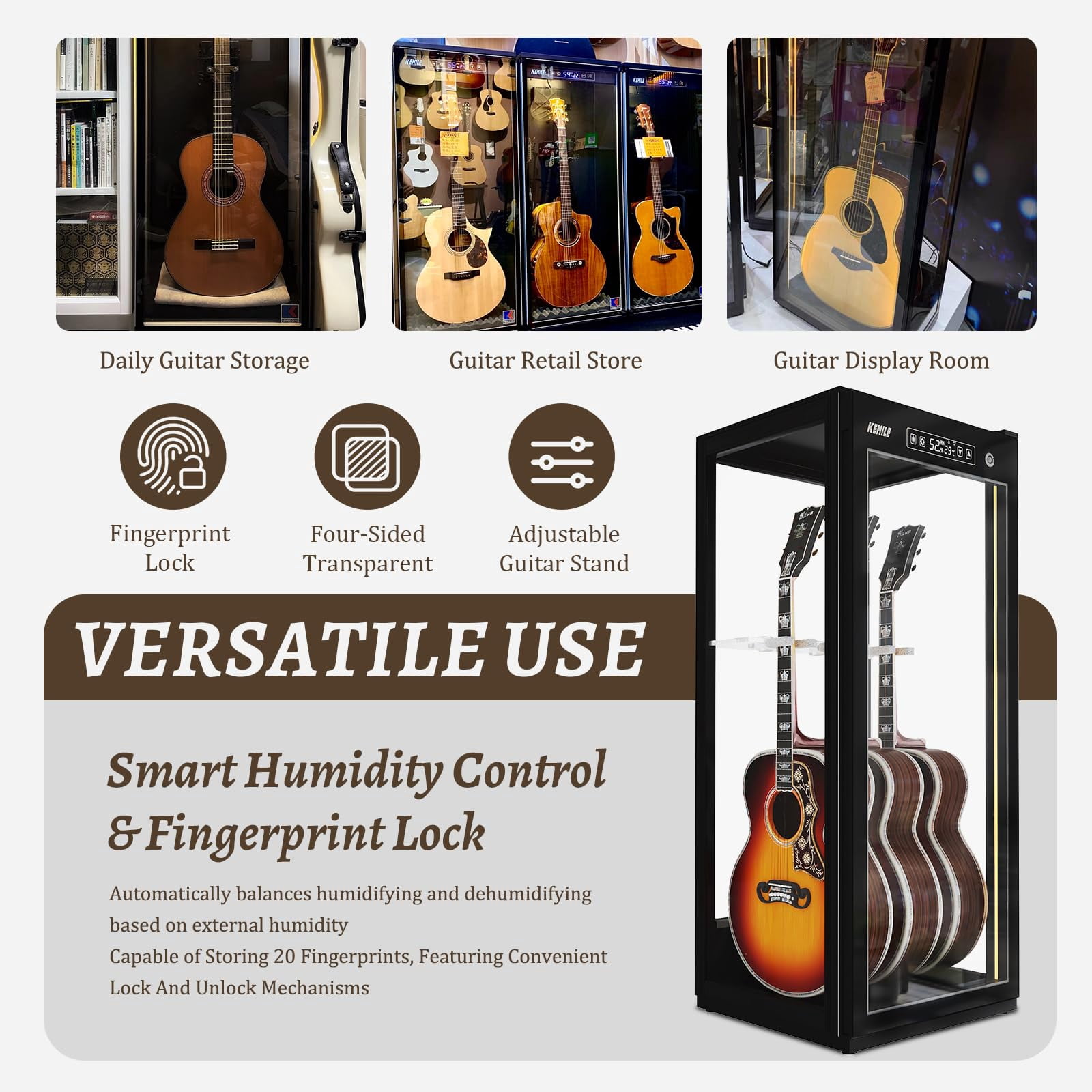 Chehery Guitar Display Case with Humidification, Constant Temperature, Fingerprint Lock, Holds 3 Acoustic/4 Electric Guitars, 4‑Sided Glass Cabinet