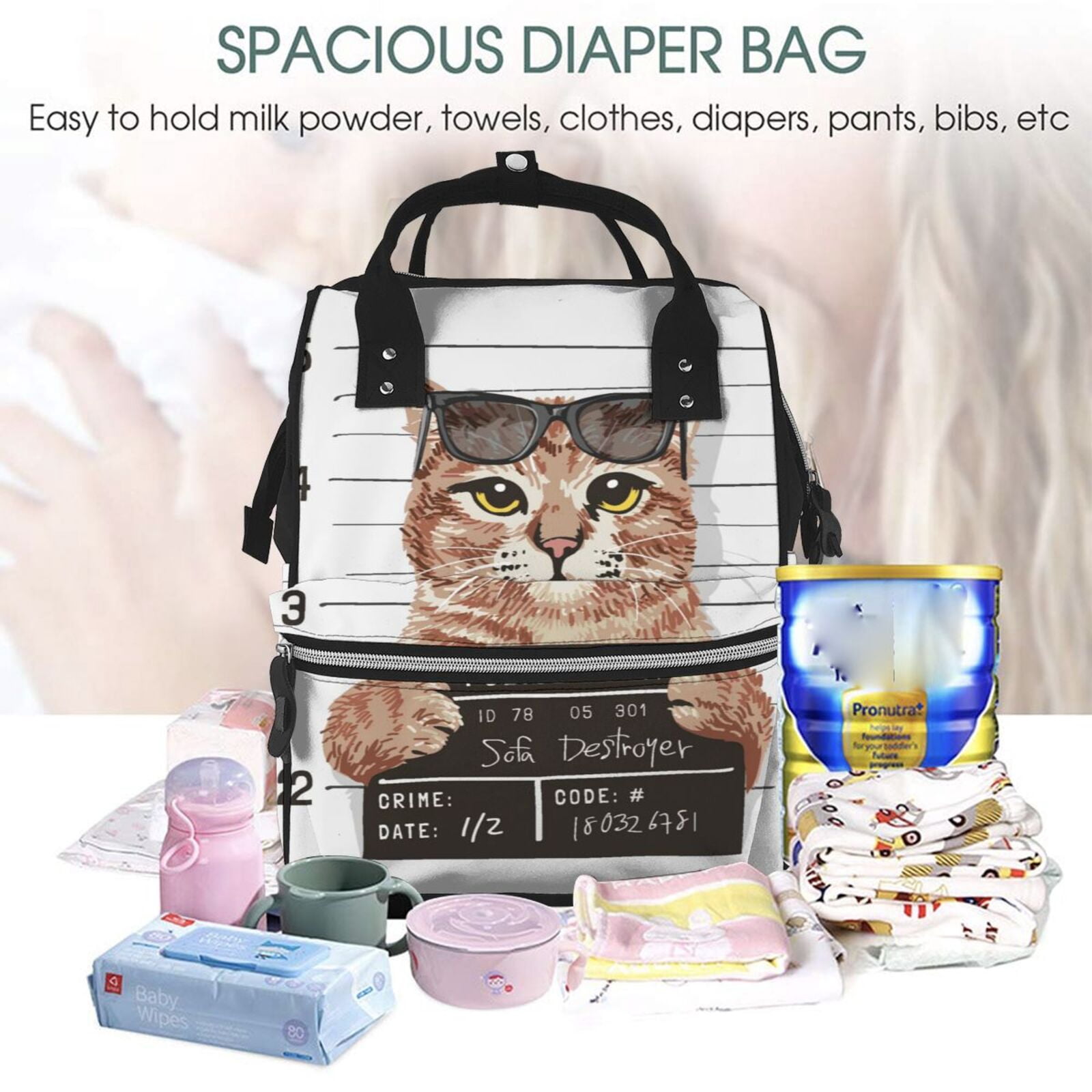 Ratiio Cat Holding Mugshot Sign Mummy Backpack - Waterproof Twill Canvas, Large Capacity Diaper Bag with Multiple Pockets and Adjustable Straps
