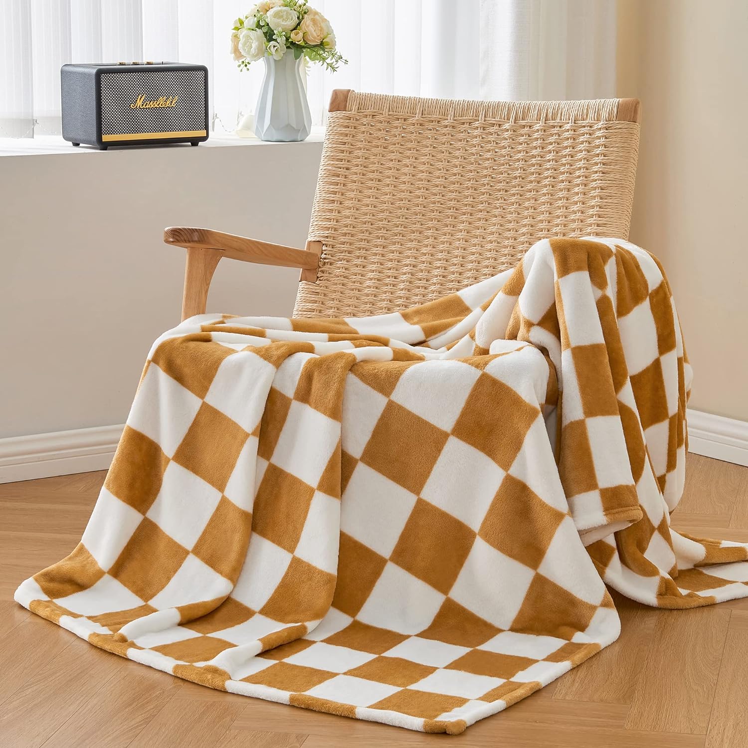 FY FIBER HOUSE Flannel Throw Blanket - Checkered Gingham Pattern, 60x80 Inches, Khaki - Soft & Cozy For Couch, Bed, Sofa