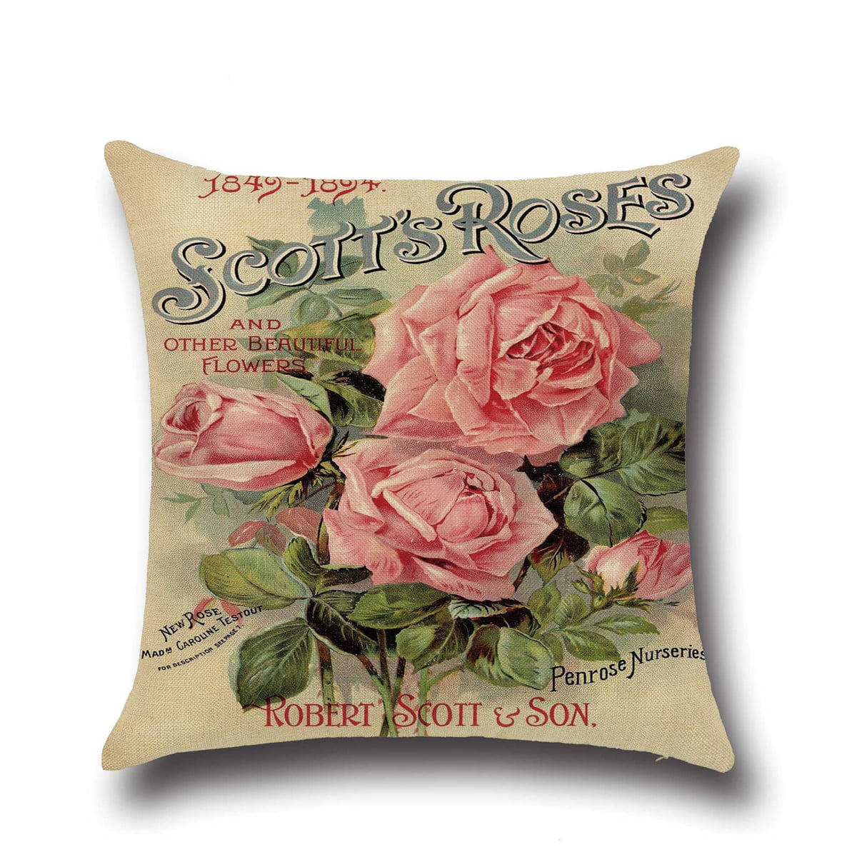 18" Flax Floral Rose Pillow Case Cover Sofa Waist Cushion Cover Retro Home Decor 