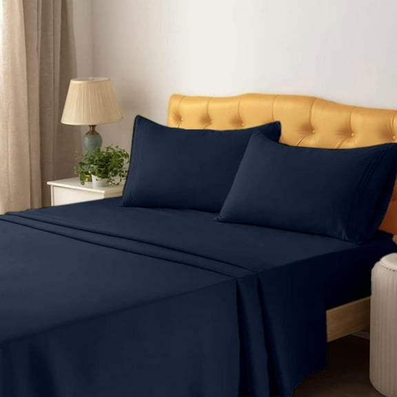 Short Queen Sheets 4 Pcs, 100% Brushed Microfiber Full Sheets to fit Upto 15" Deep Rv Short Queen Mattress - Navy Blue Solid