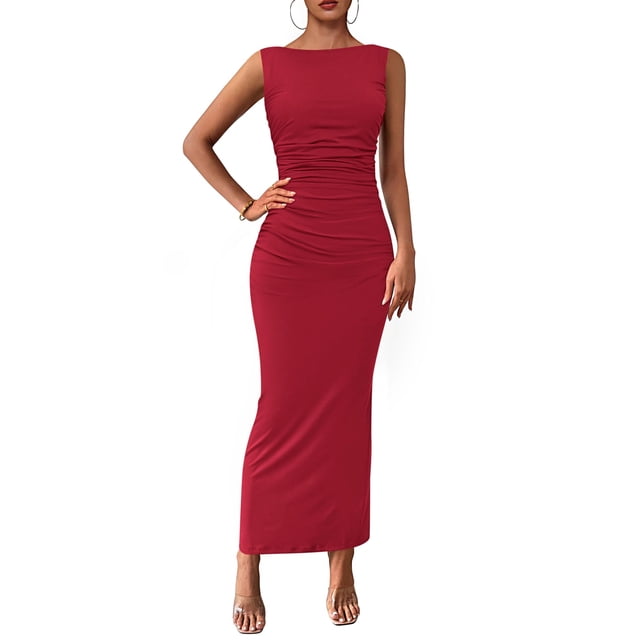 Vestido midi PRETTYGARDEN, ajustado fruncido de verano 2025 para mujer