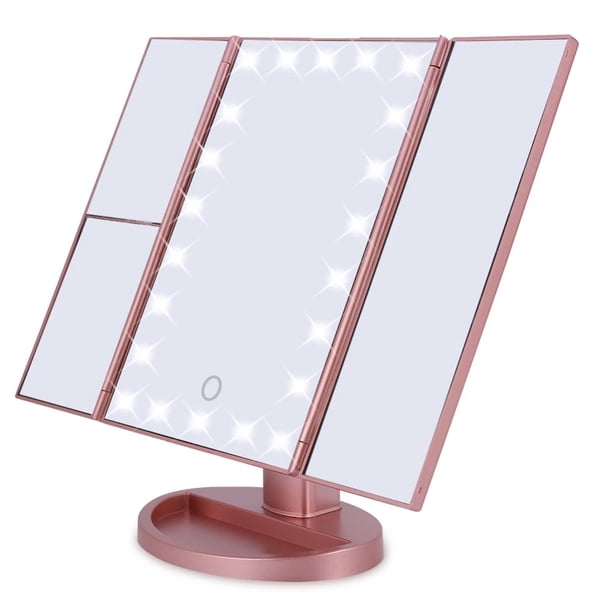 Espejo de maquillaje con luz, espejo de maquillaje iluminado, control táctil, fuente de alimentación dual, espejo de maquillaje LED portátil, regalo para mujeres (oro rosa)