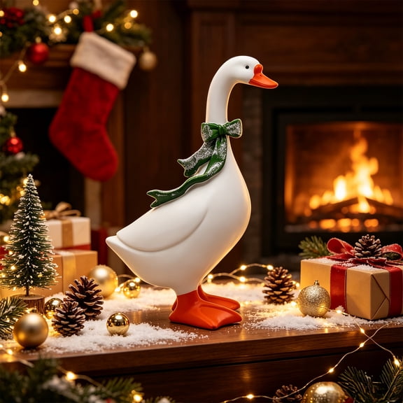Christmas Resin Goose Figurine, 11.6in Holiday Tabletop Ornament, Festive Goose Statue for Mantel, Shelf, Entry Table, Party Centerpiece and Warm Cozy Seasonal Home Decoration, Green