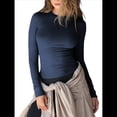thumbnail image 1 of Camisetas Básicas de Cuello Redondo y Larga para Mujer, Corte Ajustado, Ropa Informal para Salir y Hacer Ejercicio, Camisetas de Punto Acanalado. Azul M, 1 of 8
