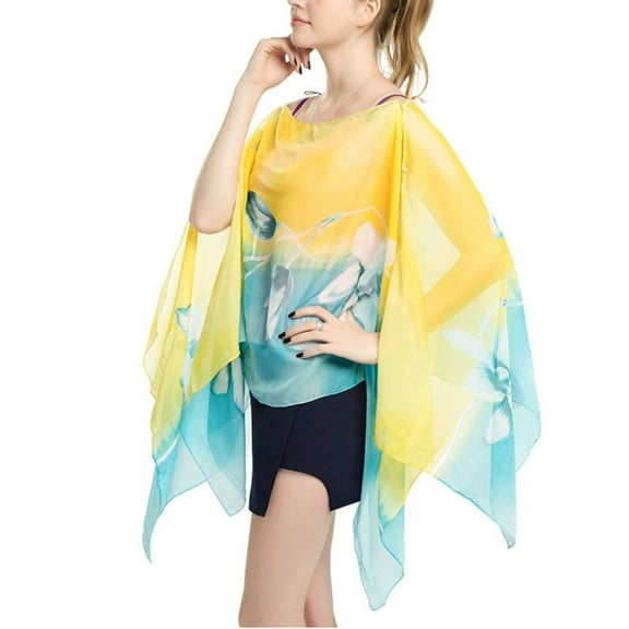 SWSMCLT Women's Beach Cover Up Soft Cape V Neck Summer Swimming Top Chiffon Boat Neck Button Poncho Convertible Yellow One Size