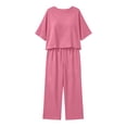 thumbnail image 4 of Cagogo Women's 2 Piece Set Casual Summer Vacation Outfits Loose Round Neck Short Sleeve Tops Wide Leg Pants Matching Lounge Sets Tracksuits Travel Airport Clothes Boho, Pink S, 4 of 6