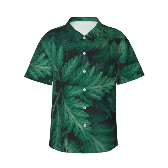Fuzoiu Green Leave Fern Print Hawaiian Shirt for Men, Summer Beach Casual Short Sleeve Button Down Shirts, Men’s Beach Summer Shirts with Pocket,Small