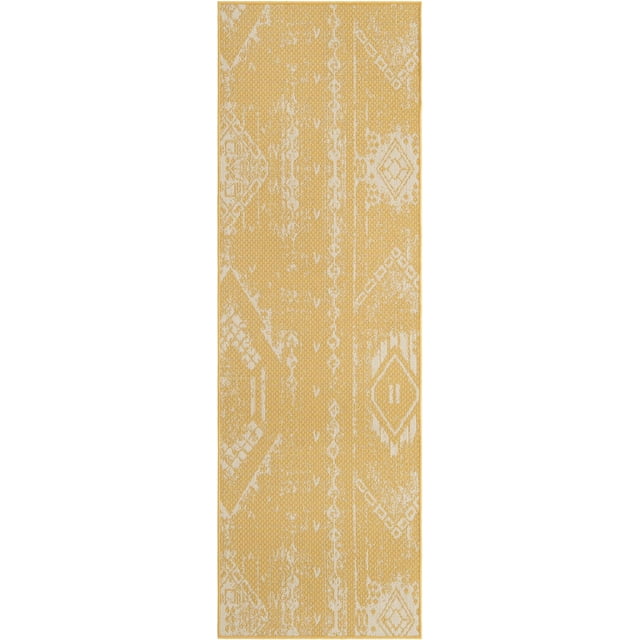 Rugs.com Outdoor Bohemian Collection Rug – 8 Ft Runner Yellow Flatweave Rug Perfect For Hallways, Entryways