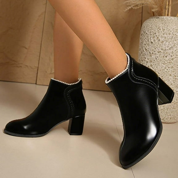 Bnwani Women Boots Fall Winter Fashion Toe Square Mid-Heel Mid-Calf Versatile Casual Solid Sweet Boot Black Size 5.5