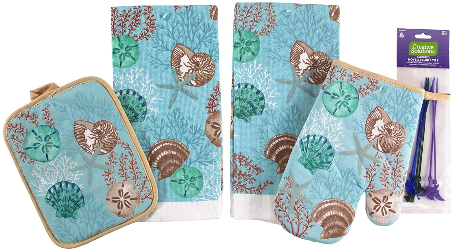 Nantucket Home Summer Shells Kitchen Dish Towels Pot Holder Mitt Set, 4c Colorful Ocean Shells