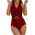 thumbnail image 3 of lcziwo Women's Wrap V Neck One Piece Swimsuits Ruched Tummy Control Slimming Monokini Swimwear Summer Backless Bodysuit Bathing Suit Red L Weekly Sale, 3 of 4