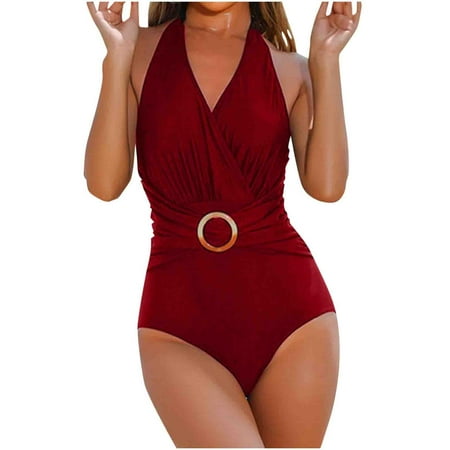 Virmaxy Women s Solid Color One-piece Swimsuit Sexy Backless Strappy Tankini Camisole Waist Cinching Swimwear With Bra Padded for Pool Party Vacation Red-3 L