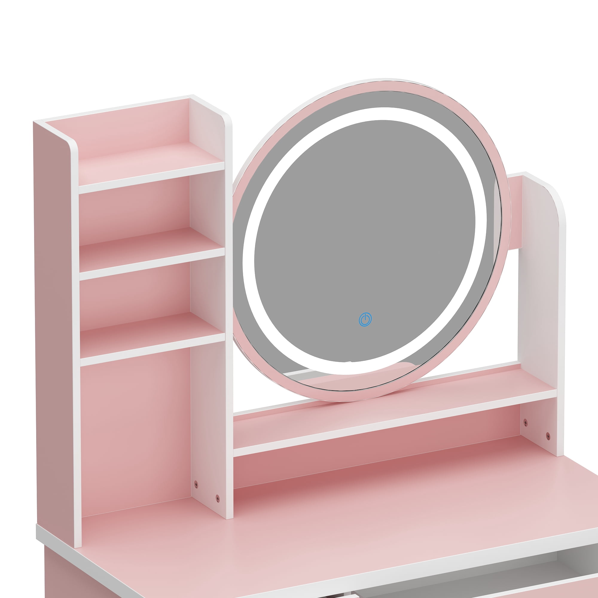 KULAGAGA Vanity Set with 3 Colors Touch Screen Dimming Mirror, Cushioned Stool, Storage Shelves, Makeup Organizer, 5 Drawers Makeup Vanity Desk , Dressing Table , Pink