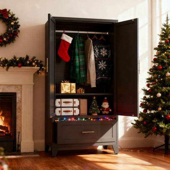 LUMAMIN Armoire Wardrobe Closet, 60" Tall 2 Doors Metal Wardrobe Cabinet with 1 Drawer, Adjustable Shelf & Hanging Rod for Bedroom, Office, Laundry, Entryway, Black