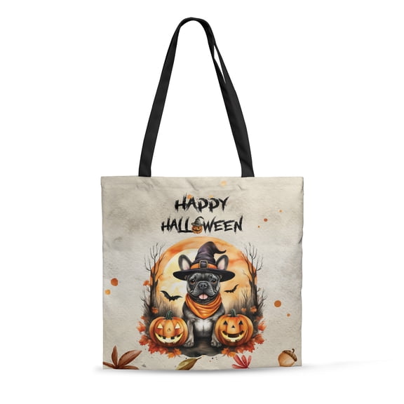Happy Halloween French Bulldog Witches Hat Pumpkin Carving All Over Print 3D Canvas Tote Bag Dog Lover Gifts Reusable Handbag - 02019