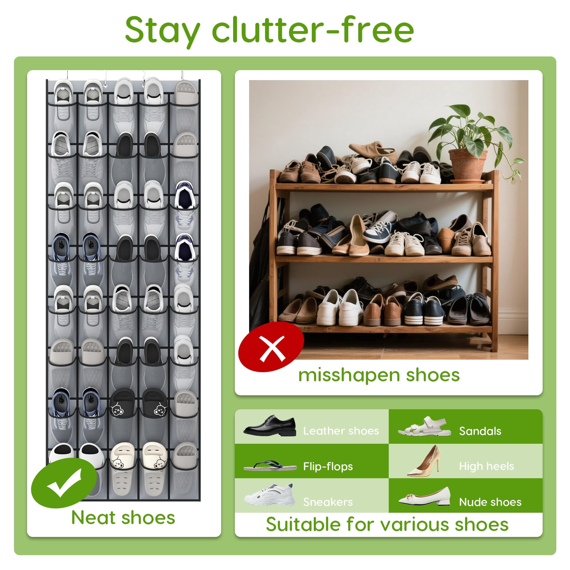 Over the Door Shoe Organizer with 40 Pockets, 18 Travel Shoe Bags & 1 Washing Bag, Hanging Shoe Rack with Breathable Mesh