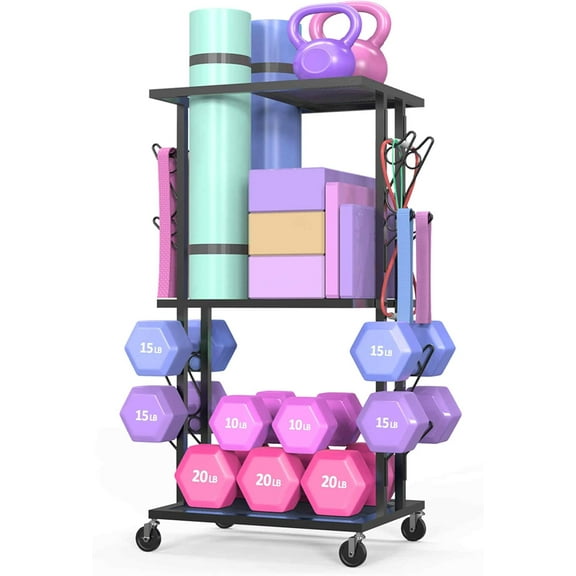 Dumbbell Rack Compact Weight Rack Home Gym Storage Rack Yoga Mat Storage Workout Equipment Organizer with Wheels