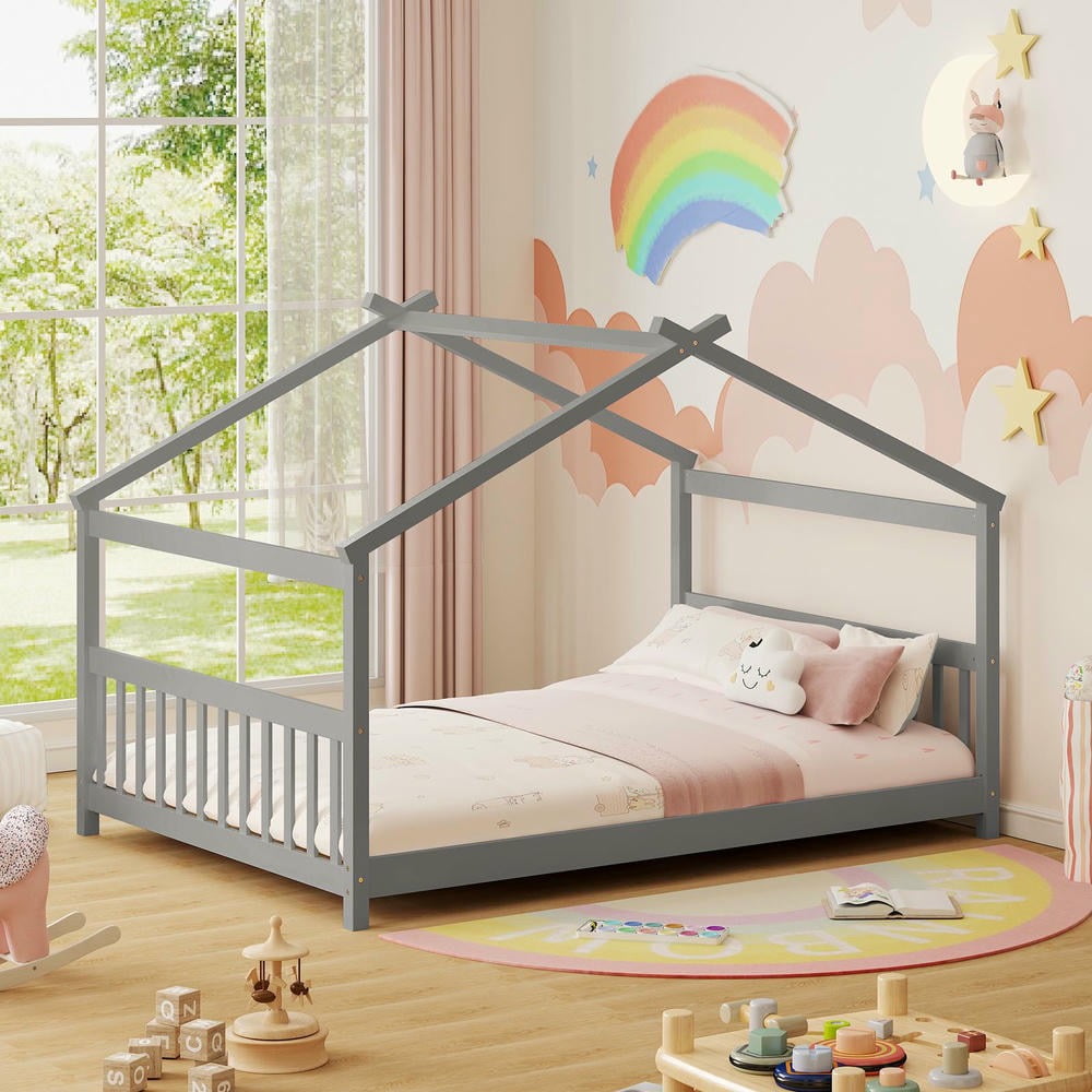 Barara King Full Size House Bedroom Bed Frame with Headboard, Montessori Floor Bed Platform Frame for Apartment, Bedroom, Gray