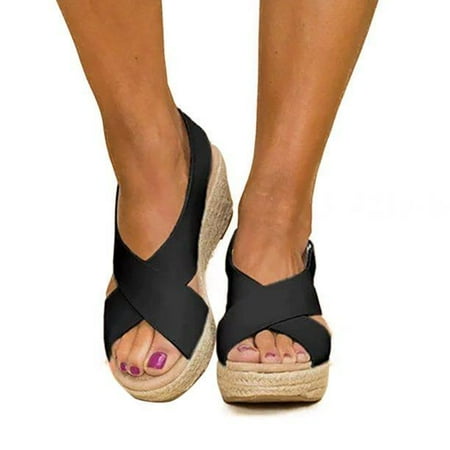 

SHRZRA Women Wedge Platform Sandals Espadrille Slingback Ankle Buckle Peep Toe Summer Shoes Black 39