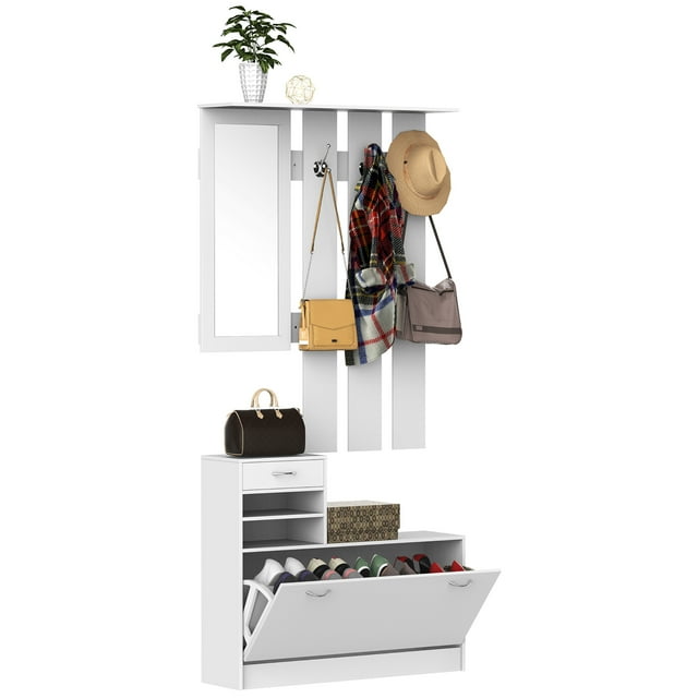 HOMCOM Entryway Organizer Unit, 3 In 1 Design Hall Tree with 6 Hooks, Mirror, Coat Rack Shoe Storage Shelf with Coat Hanger for Hallway Living Room White