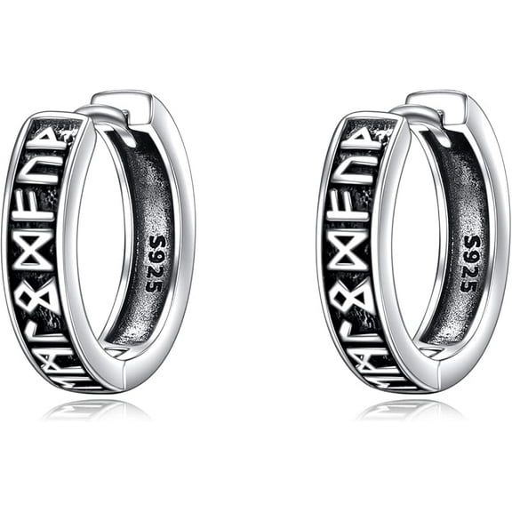 Black Viking Hoop Earrings for Men Sterling Silver Vintage Jewelry