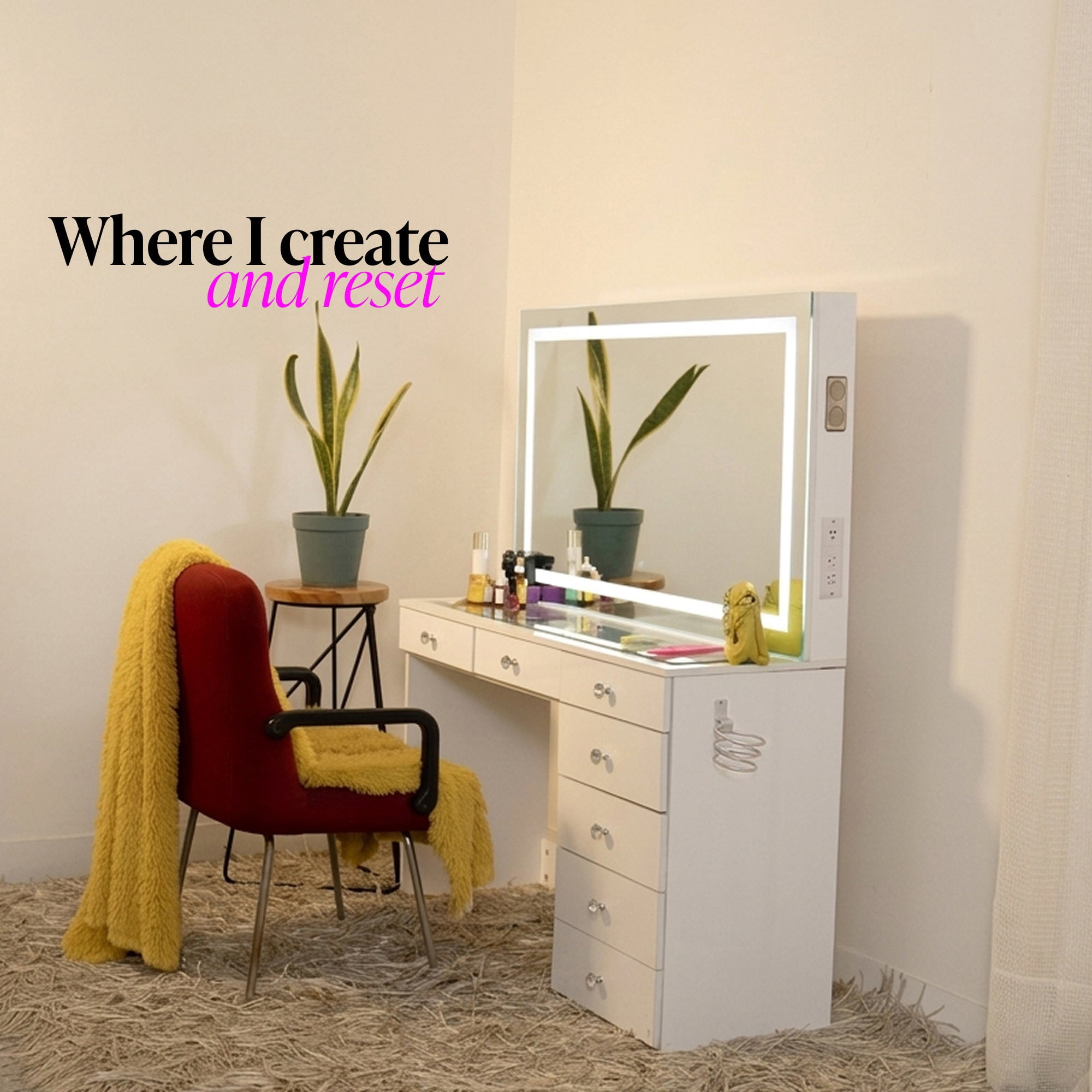 Boahaus Lyra Vanity Desk with LED Mirror and Built-In Speakers – Compact Makeup Vanity Table with Storage and Power Outlet