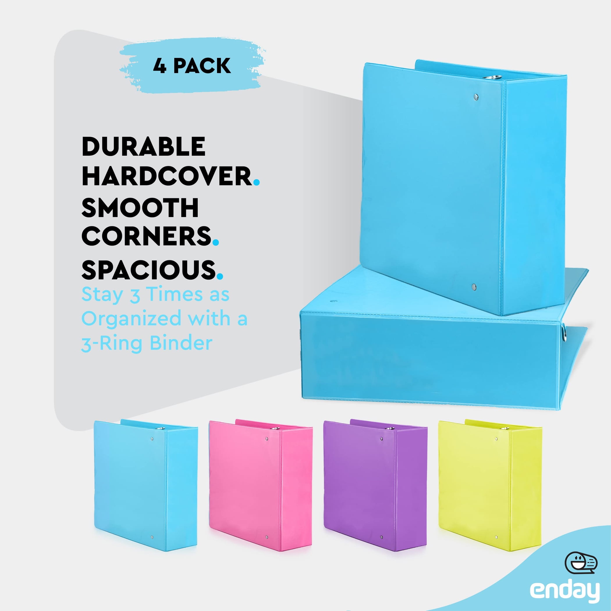 enday 3-Ring View Binder, Slant D-Ring, Assorted Colors, 3 Inch, Pack of 4