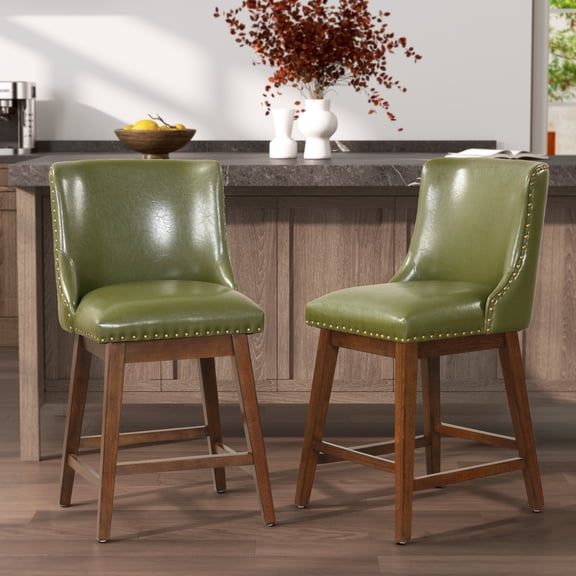 Soges 2 Pieces Swivel Bar Stool PU Leather, 26" Counter Height Bar Chair with Rivet, Rubber Wood Legs, Green