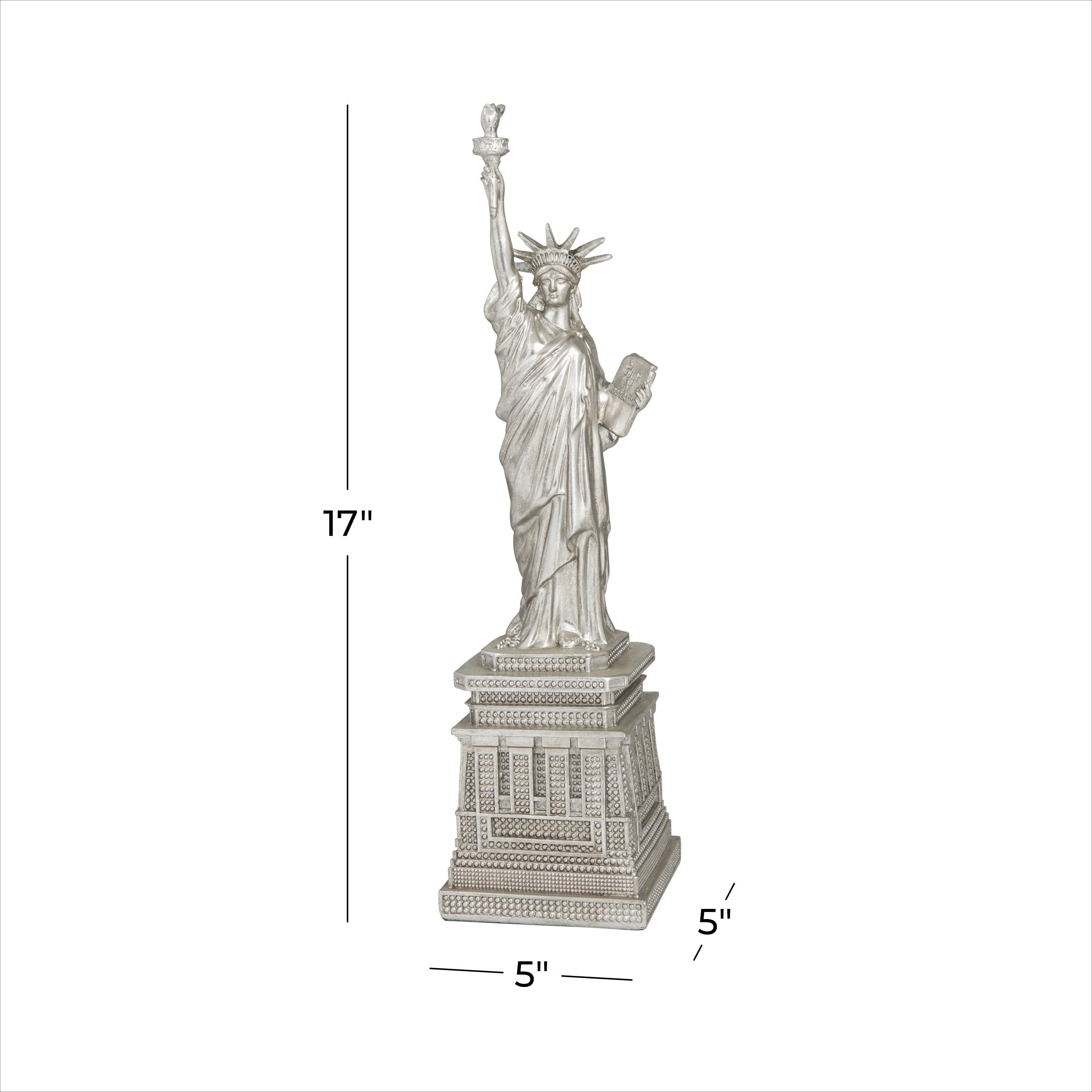 5" x 17" Silver Polystone Statue of Liberty Sculpture, by DecMode