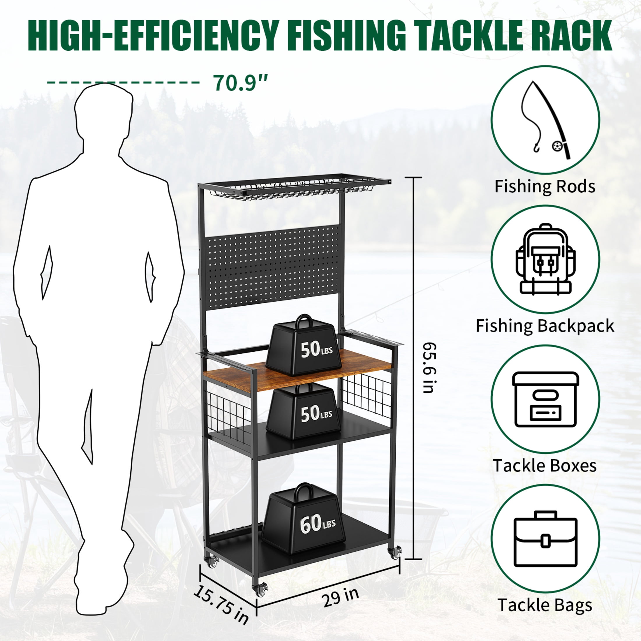 Noble House Rolling Fishing Tackle Organizer Cart with Pegboard, Heavy-Duty Multi-Tier Rod & Reel Storage Rack, Black