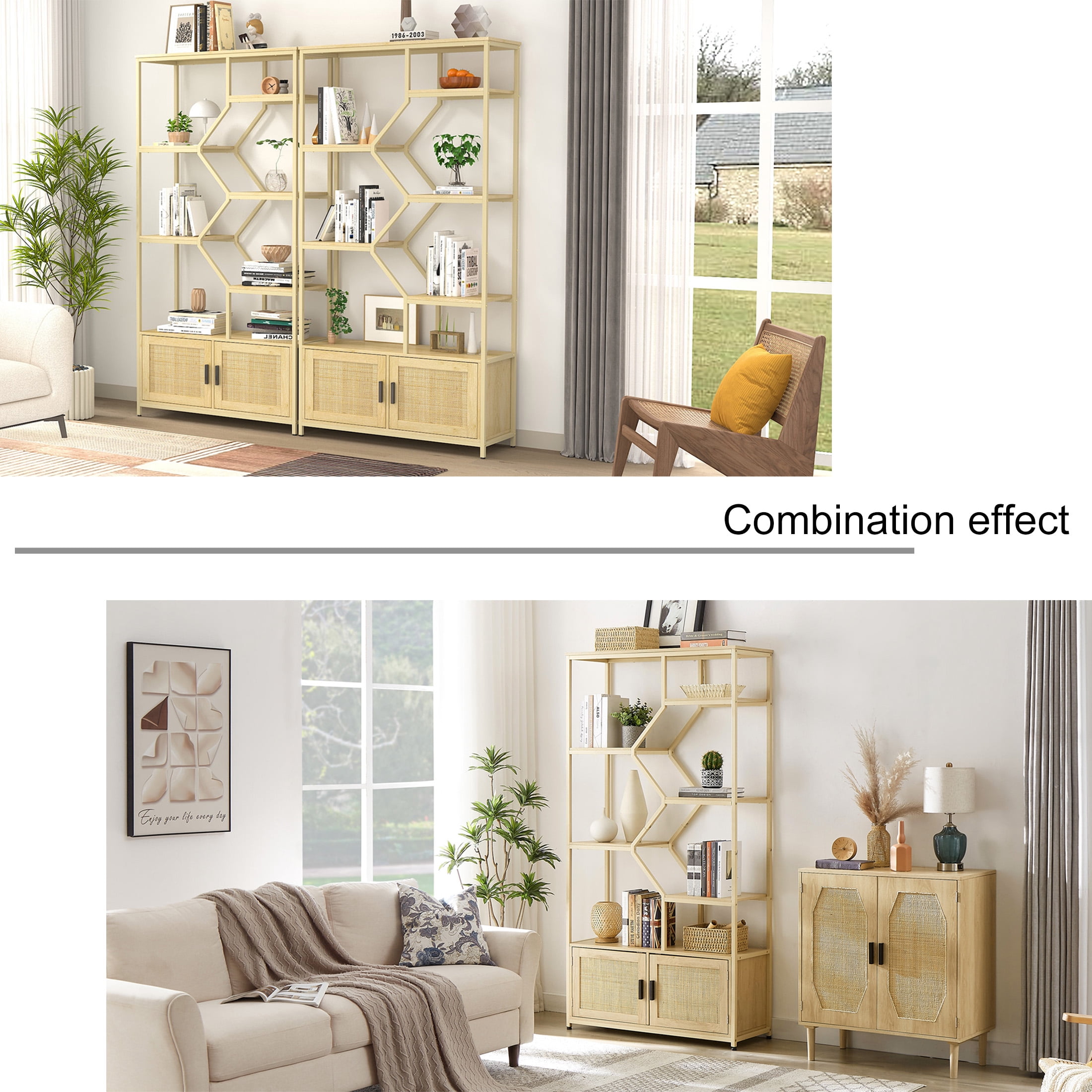 Porkiss Rattan 5-Tiers Storage Bookcases with Doors, Natural Finish