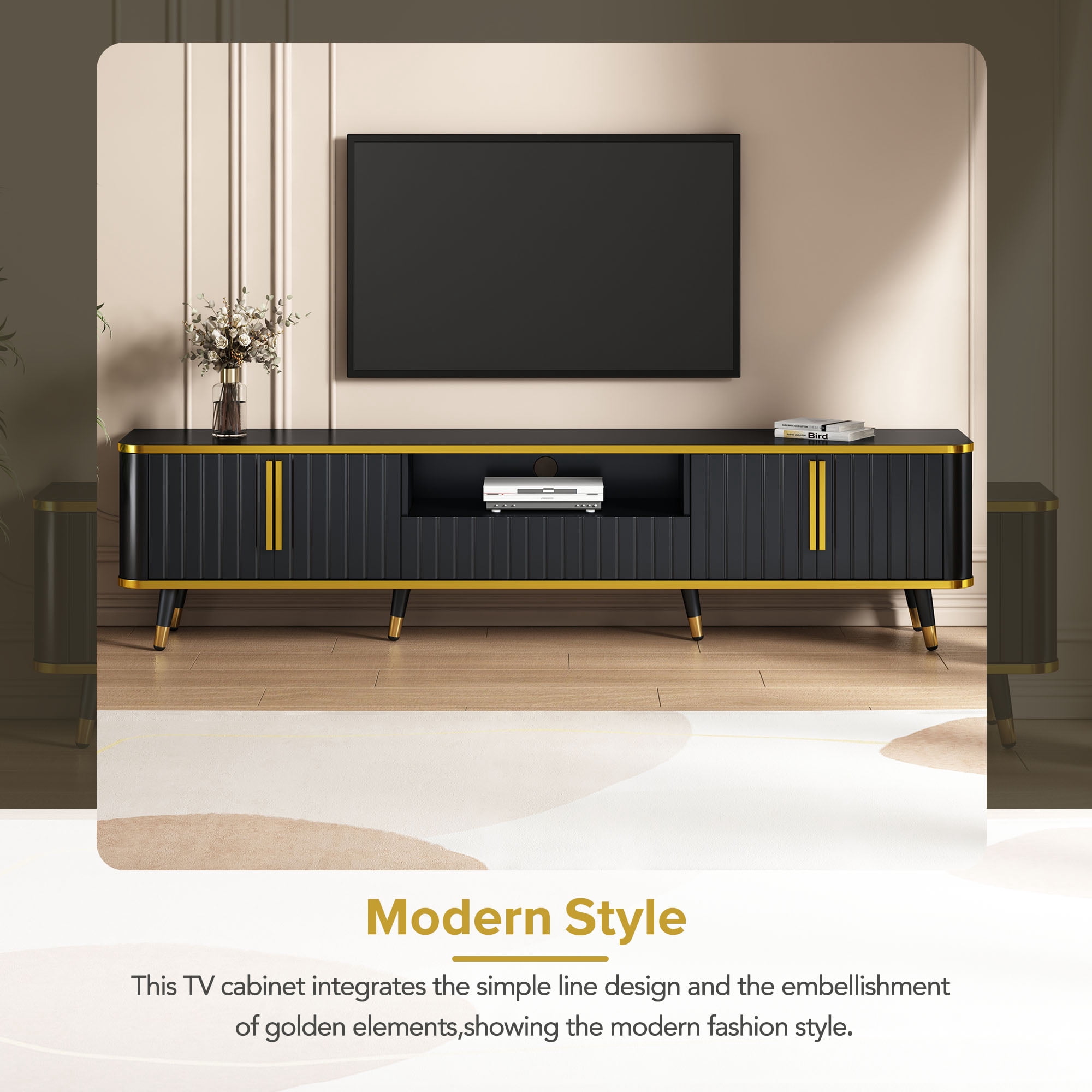 Euroco Luxury Minimalism TV Stand with Open Storage Shelf for TVs Up to 85", Entertainment Center with Cabinets and Drawers, Practical Media Console with Unique Legs