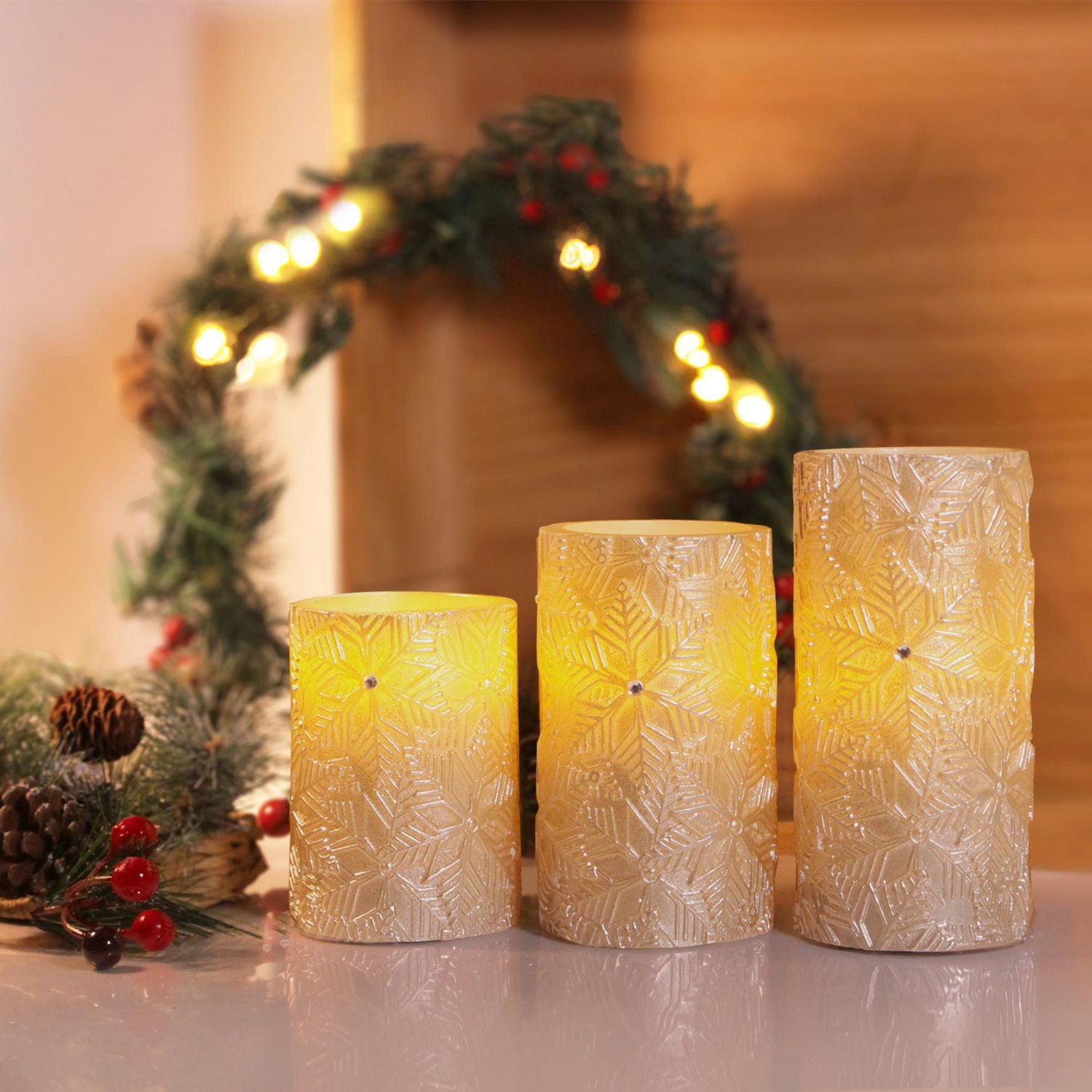 Hometrends Champagne Gold Snowflake LED Pillar Candle Set with Remote Control