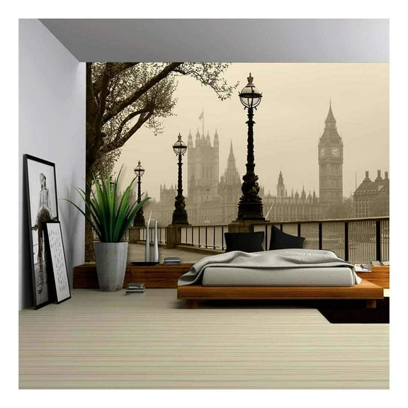 wall26 - Big Ben Houses of Parliament, London in Fog - Removable Wall Mural | Self-Adhesive Large Wallpaper - 100x144 inches